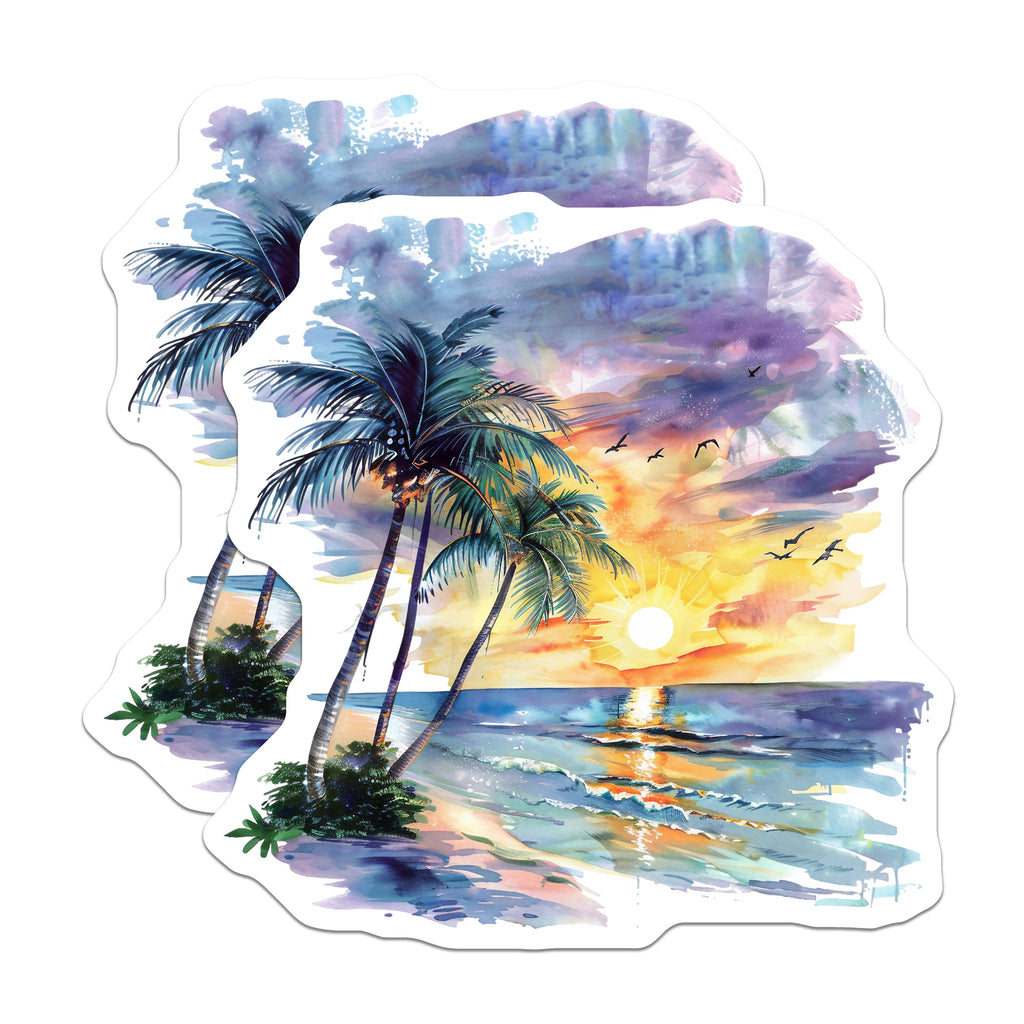 (2 Pack) Beach Sunset Magnets - Tropical Palm Tree Decor - Coastal Refrigerator Art - 5 Inches On Longest Side - Thick Durable Magnet - Made in USA - MAG38016