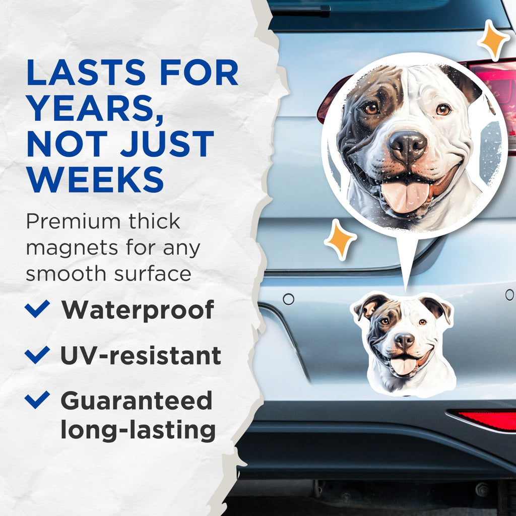 (2 Pack) Happy Pitbull Dog Magnets - Smiling Pitbull Face Art - Pet Lover Refrigerator Decor - Dog Breed Collectibles - 5 Inches On Longest Side - Thick Durable Magnet - Made in USA - MAG24927