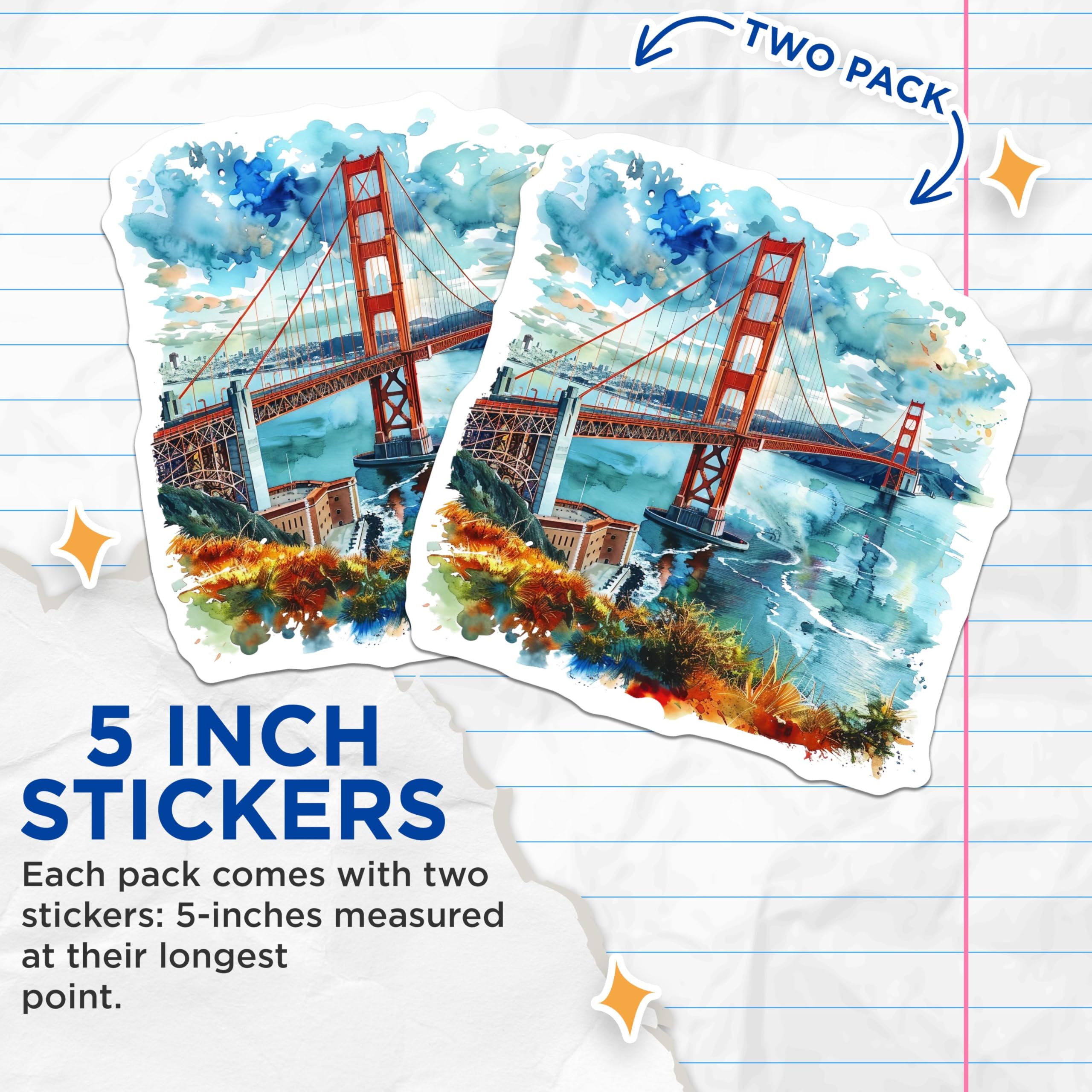 (2 Pack) Golden Gate Bridge Stickers - San Francisco Landmark Stickers - California Travel Stickers - 5" On Longest Side - Sticks to Smooth Flat Surfaces - Made in USA - BMCS5191
