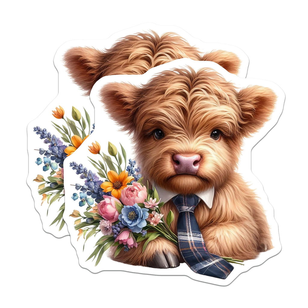 (2 Pack) Cute Highland Calf Magnets - Floral Bouquet Farm Animal - Whimsical Kitchen Refrigerator Decor - 5 Inches On Longest Side - Thick Durable Magnet - Made in USA - MAG38843