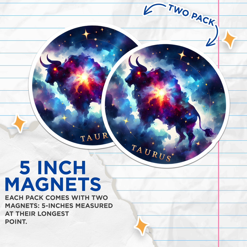 (2 Pack) Taurus Magnets - Zodiac Art Celestial Decor - Horoscope Sign Nebula Galaxy - Bull Star Sign Display - 5 Inches On Longest Side - Thick Durable Magnet - Made in USA - MAG37223