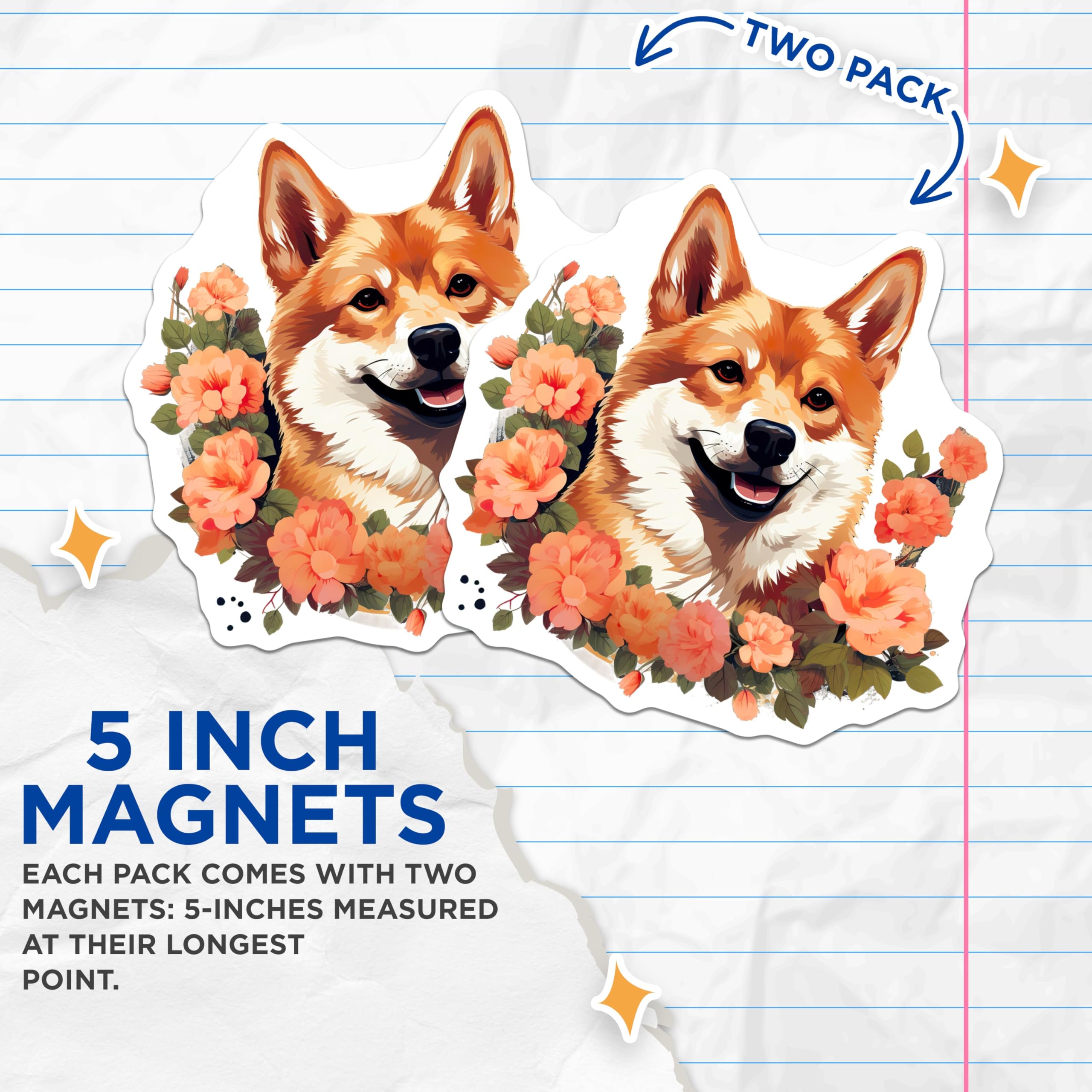 (2 Pack) Shiba Inu Magnets - Cute Dog Lover Fridge Decor - Floral Pet Parent Art - 5 Inches On Longest Side - Thick Durable Magnet - Made in USA - MAG29123