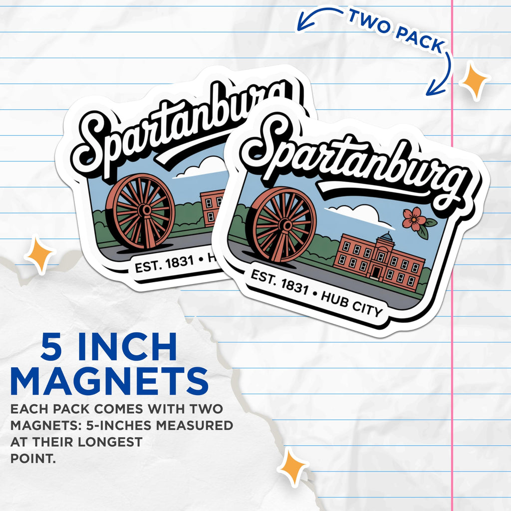 (2 Pack) Spartanburg SC Magnets - South Carolina Travel Souvenir - Hub City Landmark Decor - 5" On Longest Side - Premium Magnet - for Cars, Refrigerators, Toolboxes, Lockers - Made in USA - MAG18090
