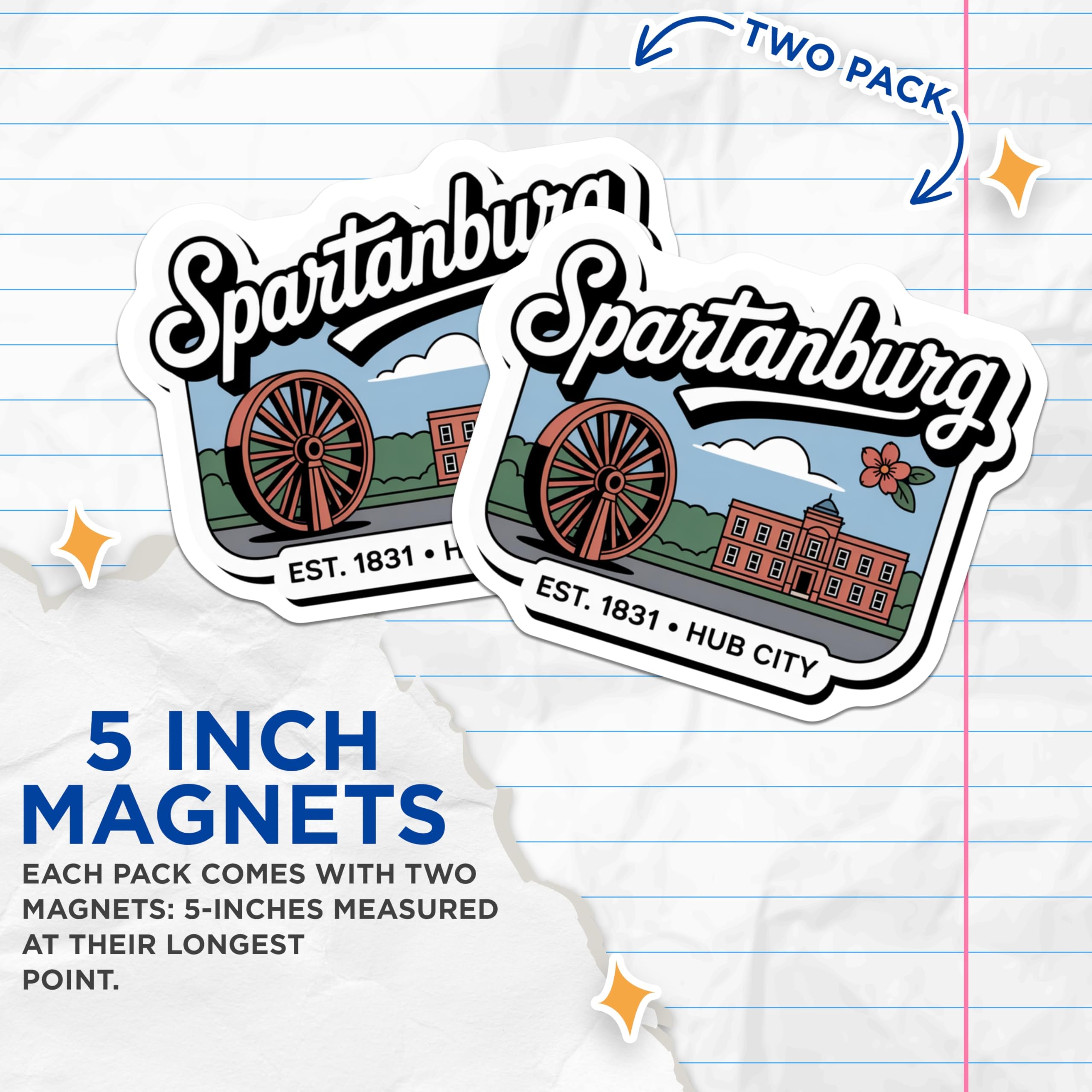 (2 Pack) Spartanburg SC Magnets - South Carolina Travel Souvenir - Hub City Landmark Decor - 5" On Longest Side - Premium Magnet - for Cars, Refrigerators, Toolboxes, Lockers - Made in USA - MAG18090