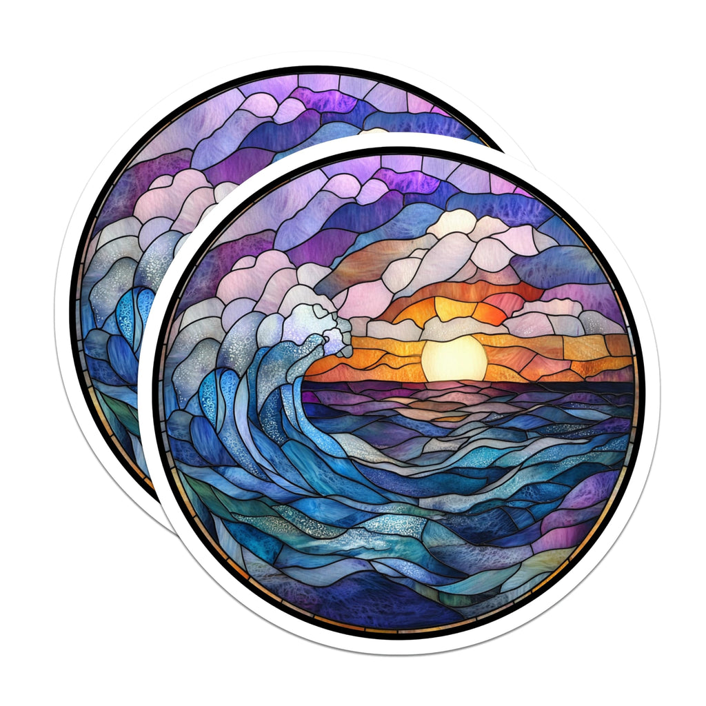 (2 Pack) Stained Glass Ocean Magnets - Sunset Wave Art - Coastal Decor Inspiration - 5 Inches On Longest Side - Thick Durable Magnet - Made in USA - MAG23410