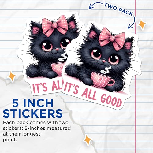 (2 Pack) Cute Cat Stickers - Funny Animal Stickers - Positive Quote Stickers - 5" On Longest Side - Sticks to Smooth Flat Surfaces - Made in USA - BMCS4598