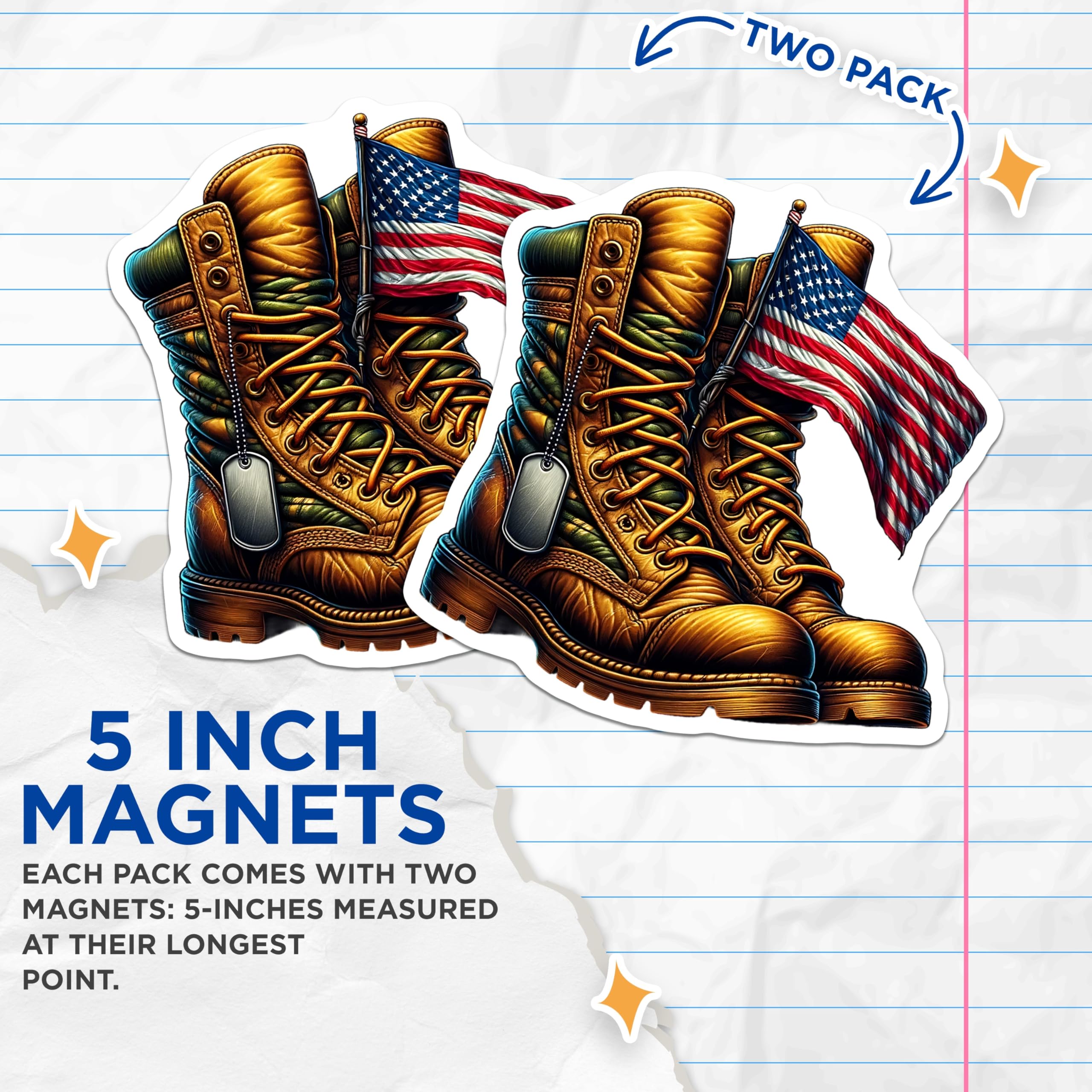 (2 Pack) Military Boots Magnets - American Flag Decor - Patriotic USA Souvenirs - 5" On Longest Side - Premium Magnet - for Cars, Refrigerators, Toolboxes, Lockers - Made in USA - MAG16116