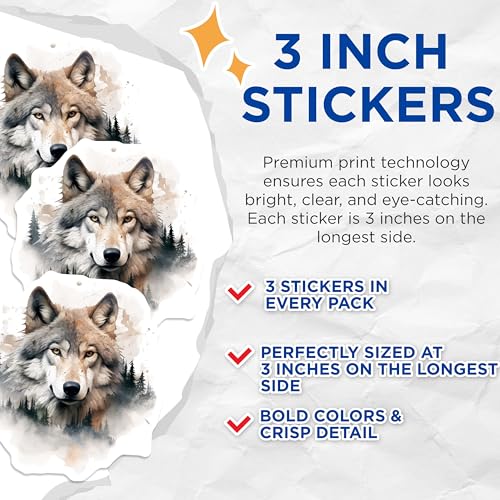 (3 Pack) Wolf Decals - Laptop Decal - Forest Animal Art - 3 Inches On Longest Side - Easy Peel & Apply - Made in USA - 3MCS2580