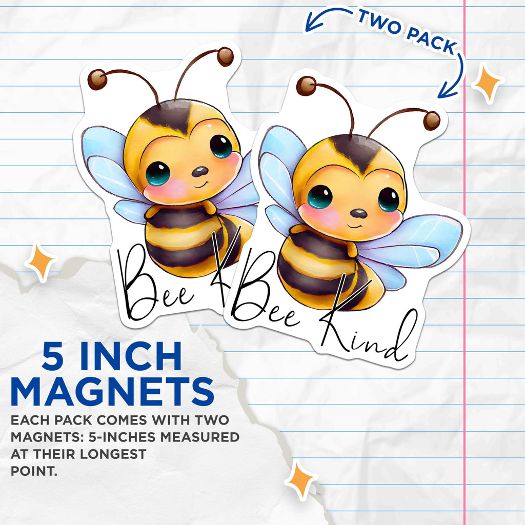 (2 Pack) Bee Kind Magnets - Cute Bee Art - Inspirational Quote Magnets - 5" On Longest Side - Premium Magnet - for Cars, Refrigerators, Toolboxes, Lockers - Made in USA - MAG16714