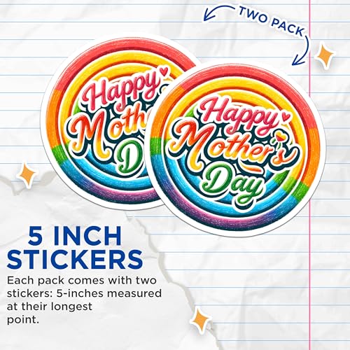 (2 Pack) Happy Mothers Day Stickers - Rainbow Mother's Day Decor - Colorful Mother's Day Celebration - 5" On Longest Side - Sticks to Smooth Flat Surfaces - Made in USA - BMCS9008