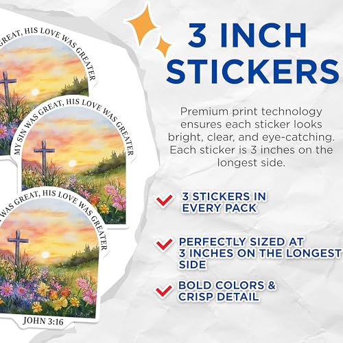 (3 Pack) John 3 16 Decals - Christian Cross - Religious Laptop Decals - 3 Inches On Longest Side - Easy Peel & Apply - Made in USA - 3MCS8329