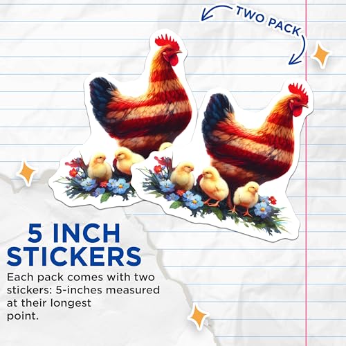 (2 Pack) Rooster with Chicks Stickers - Farm Animal Stickers - Chicken Family Stickers - 5" On Longest Side - Sticks to Smooth Flat Surfaces - Made in USA - BMCS6691