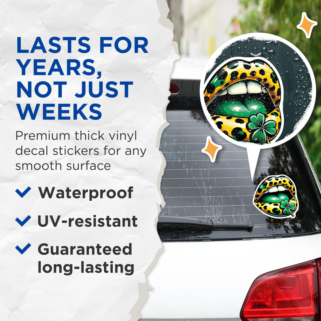 (2 Pack) Leopard Lips Stickers - Shamrock Kiss - St Patricks Day Decal - 5" On Longest Side - Sticks to Smooth Flat Surfaces - Made in USA - BMCS17018