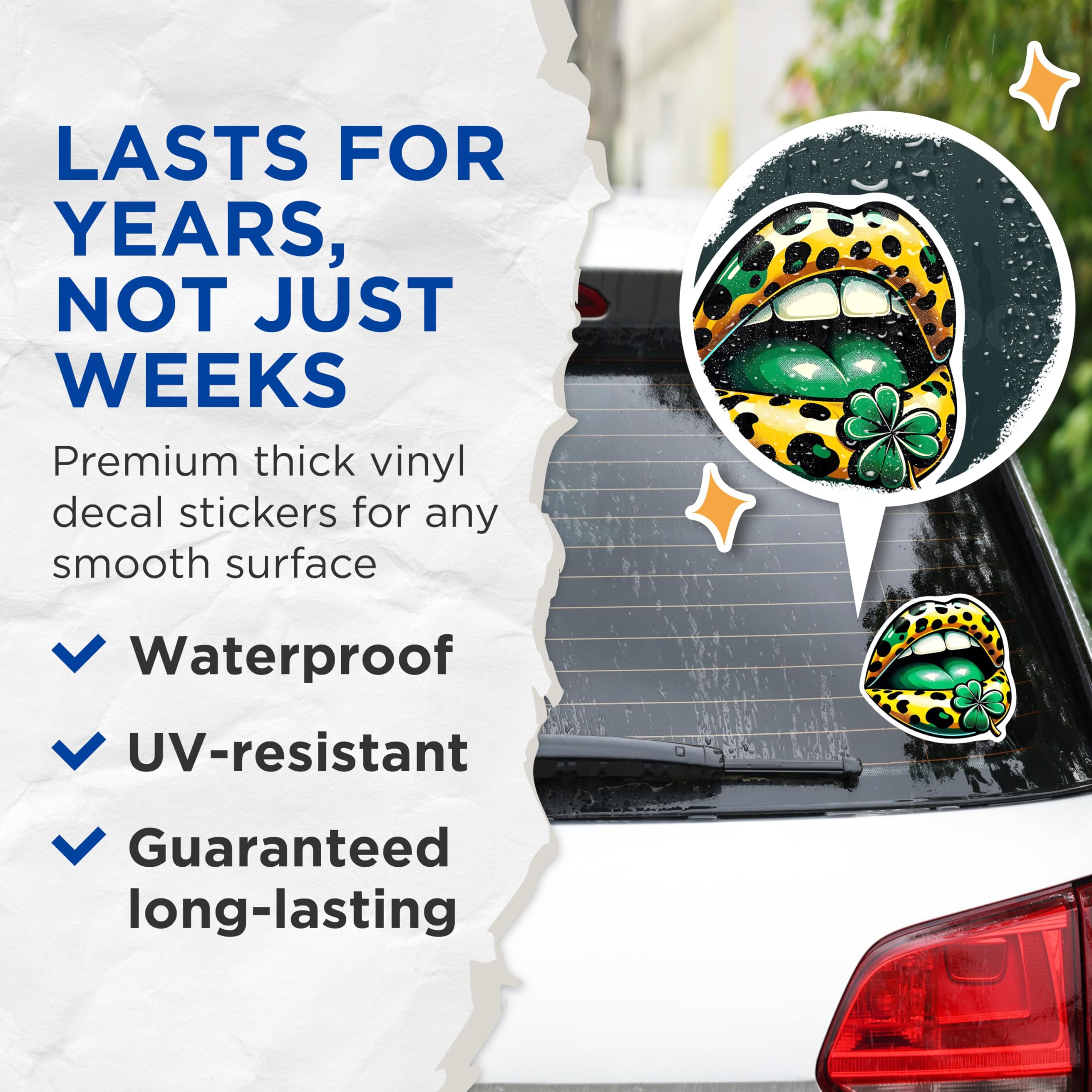 (2 Pack) Leopard Lips Stickers - Shamrock Kiss - St Patricks Day Decal - 5" On Longest Side - Sticks to Smooth Flat Surfaces - Made in USA - BMCS17018