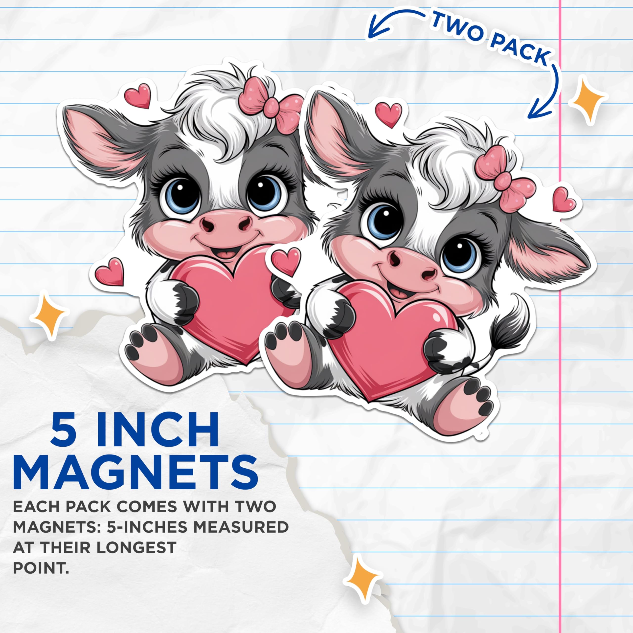 (2 Pack) Cute Cow Magnets - Love Heart Cow Magnets - Kawaii Animal Magnets- 5" On Longest Side - for Fridges, Toolboxes, Cars - Made in USA - MAG2881