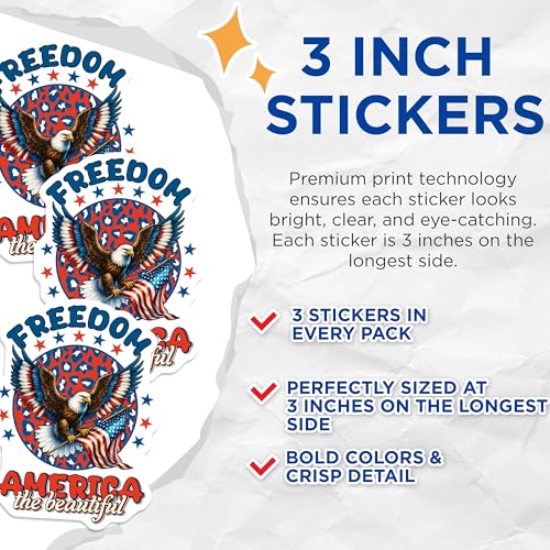 (3 Pack) Patriotic Eagle Decals - Freedom America Decal - American Flag Decal - 3 Inches On Longest Side - Easy Peel & Apply - Made in USA - 3MCS6168