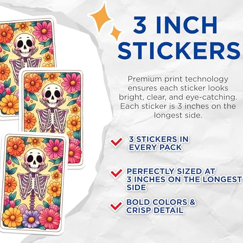 (3 Pack) Floral Skull Decals - Skeleton Decal - Laptop Decals - 3 Inches On Longest Side - Easy Peel & Apply - Made in USA - 3MCS8163