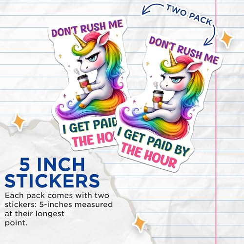 (2 Pack) Sassy Unicorn Stickers - Coffee Lover Stickers - Rainbow Hair Unicorn Stickers - Humorous Unicorn Decal - 5" On Longest Side - Sticks to Any Smooth Flat Surface - Made in USA - BMCS3343