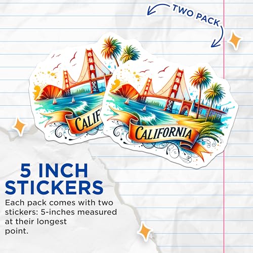 (2 Pack) California Stickers - Golden Gate Bridge - Beach and Palm Trees - 5" On Longest Side - Sticks to Smooth Flat Surfaces - Made in USA - BMCS6890