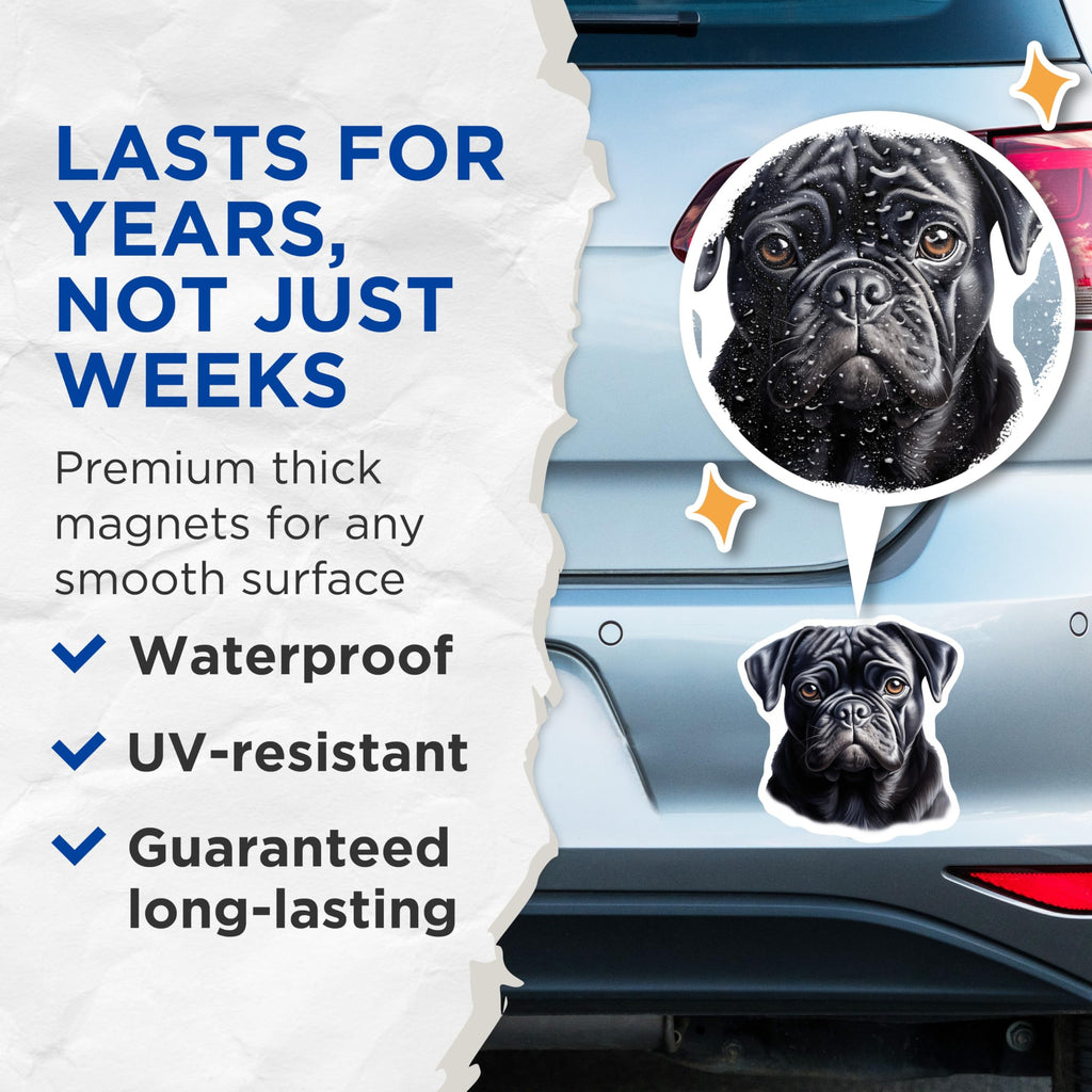(2 Pack) Black Pug Magnets - Dog Lover Decor - Pet Animal Fridge Art - Locker Accessory - 5 Inches On Longest Side - Thick Durable Magnet - Made in USA - MAG23701