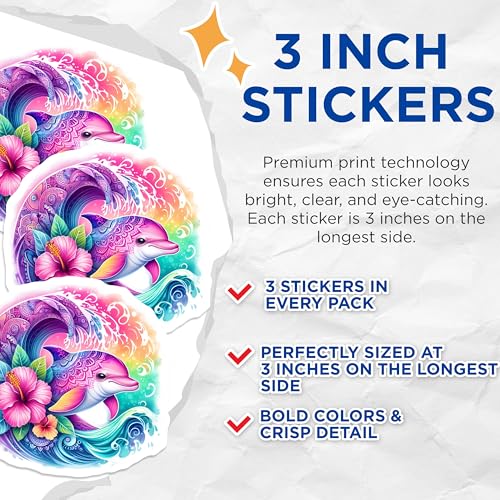 (3 Pack) Dolphin Decals - Tropical Flowers - Laptop Decals - 3 Inches On Longest Side - Easy Peel & Apply - Made in USA - 3MCS8246