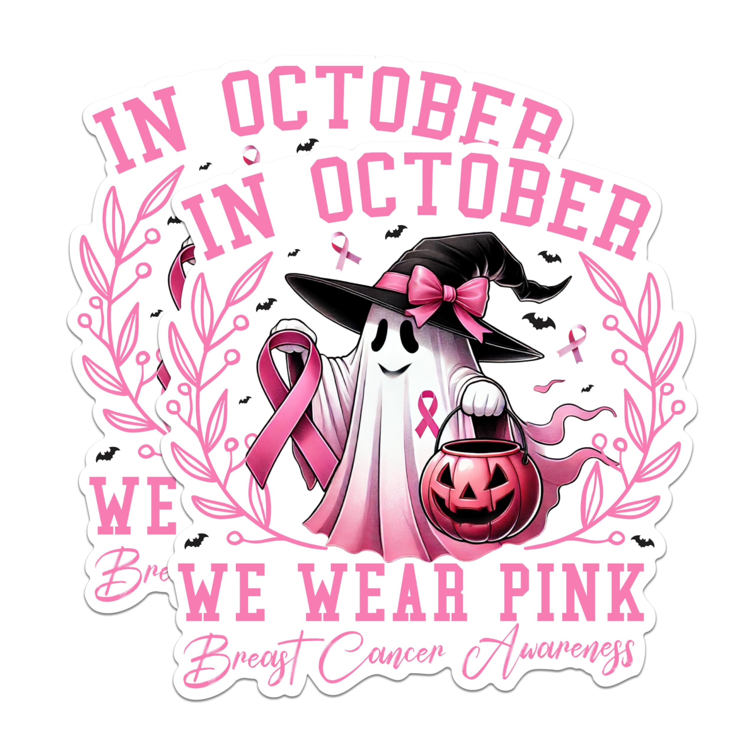 (2 Packs) in October We Wear Pink Stickers - Breast Cancer Awareness Decals - 5 Inches On Longest Side - Premium Vinyl Decal - Sticks to Any Smooth Flat Surface - Made in USA - BMCS2485