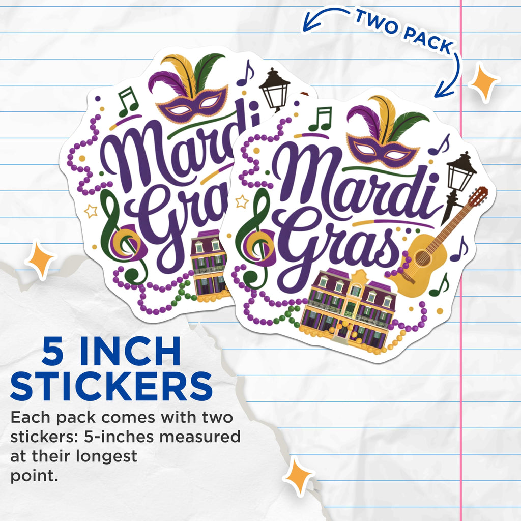(2 Pack) Mardi Gras Stickers - Louisiana Celebration - New Orleans Sticker - 5" On Longest Side - Sticks to Smooth Flat Surfaces - Made in USA - BMCS15896