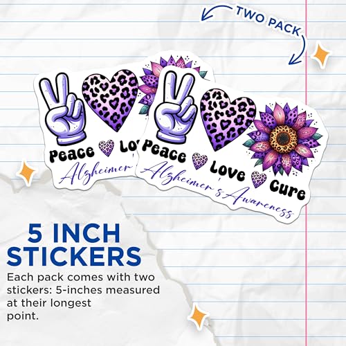 (2 Pack) Peace Love Cure Stickers - Alzheimer's Awareness - Purple Leopard Print Flower Stickers - 5" On Longest Side - Sticks to Smooth Flat Surfaces - Made in USA - BMCS9790