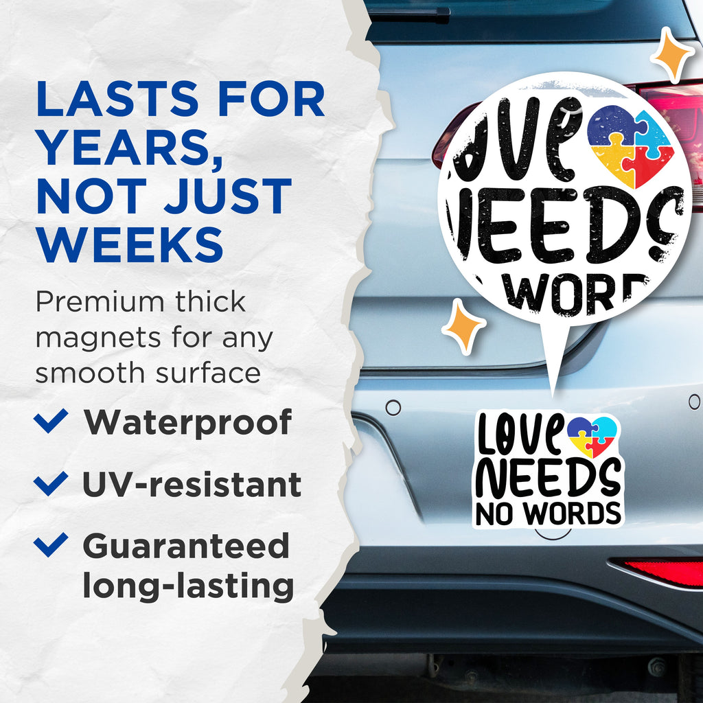 (2 Pack) Autism Awareness Magnets - Love Needs No Words - Puzzle Piece Heart - Neurodiversity Acceptance Decor - 5 Inches On Longest Side - Thick Durable Magnet - Made in USA - MAG37910