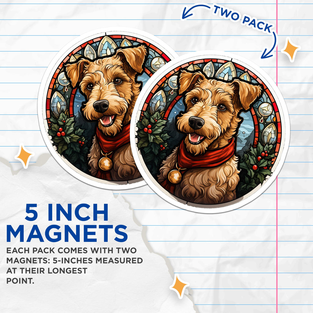 (2 Pack) Christmas Terrier Dog Magnets - Stained Glass Pet Decor - Holiday Winter Magnets - 5 Inches On Longest Side - Thick Durable Magnet - Made in USA - MAG30381