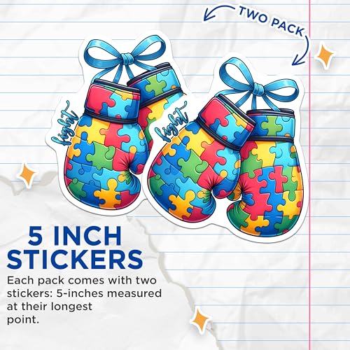 (2 Pack) Autism Awareness Stickers - Puzzle Piece Boxing Gloves Stickers - Fight for Autism Stickers - 5" On Longest Side - Sticks to Any Smooth Flat Surface - Made in USA - BMCS3205