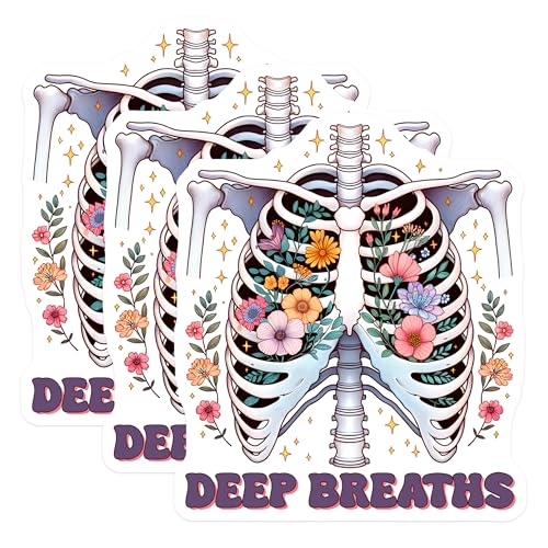 (3 Pack) Floral Skeleton Decals - Deep Breaths Quote - Anatomy Art Sticker - 3 Inches On Longest Side - Easy Peel & Apply - Made in USA - 3MCS7013
