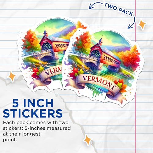 (2 Pack) Vermont Travel Stickers - Scenic Covered Bridge - State Souvenir - Watercolor Art - Autumn Leaves - 5" On Longest Side - Sticks to Smooth Flat Surfaces - Made in USA - BMCS7014