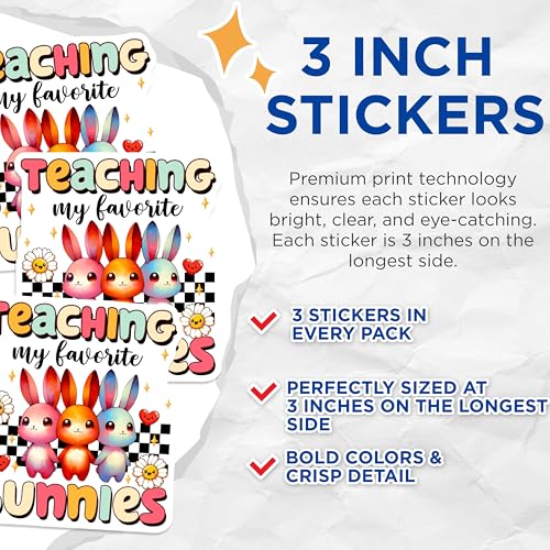 (3 Pack) Bunny Rabbit Decals - Teaching Bunnies - Cute Colorful Decal - 3 Inches On Longest Side - Easy Peel & Apply - Made in USA - 3MCS6900