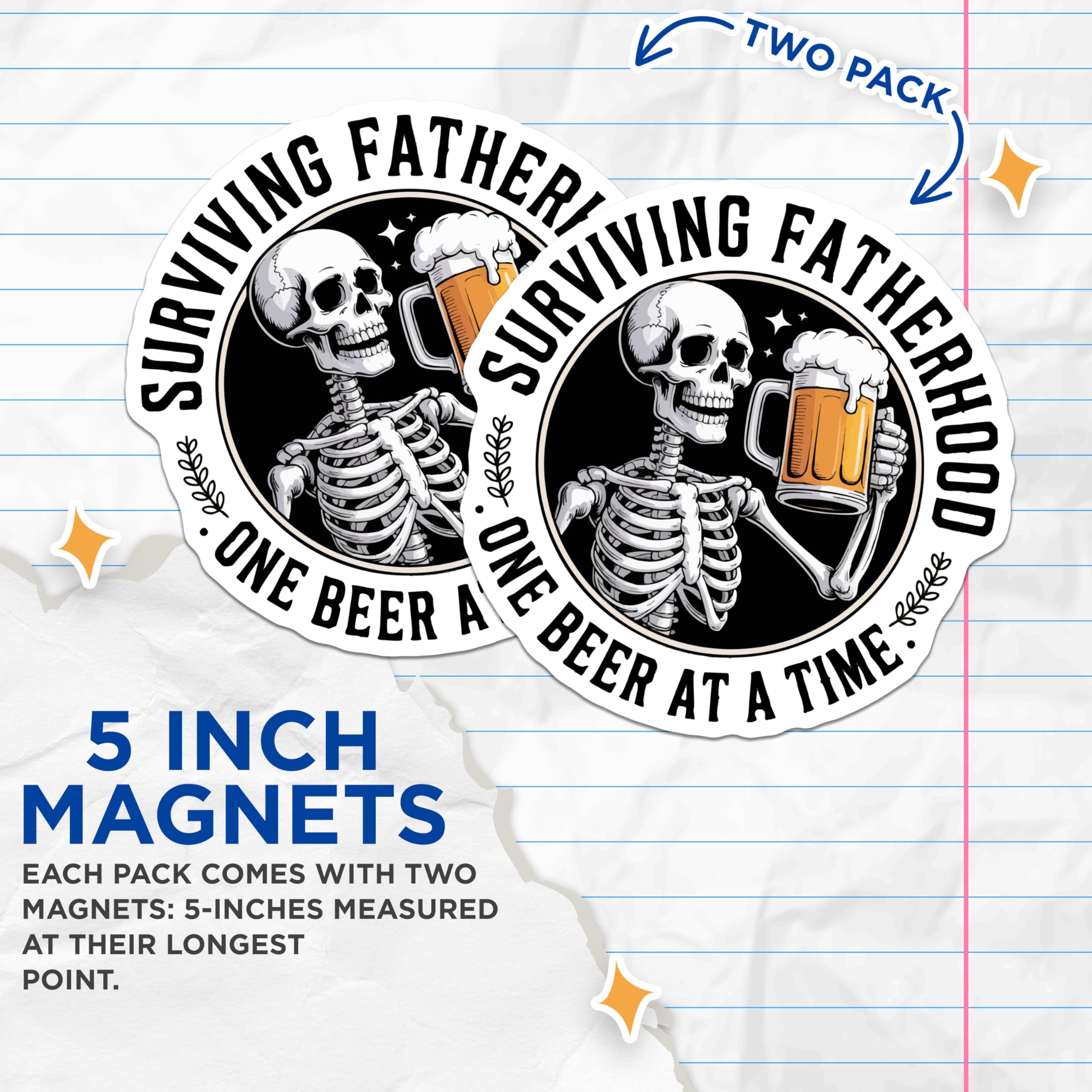 (2 Pack) Surviving Fatherhood Magnets - Funny Dad Beer Decor - Skeleton Drinker Fridge Accessories - 5 Inches On Longest Side - Thick Durable Magnet - Made in USA - MAG21560