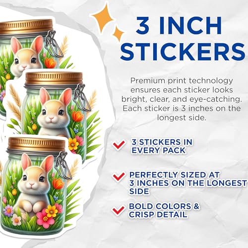(3 Pack) Bunny Jar Decals - Cute Rabbit Stickers - Laptop Decal - Floral Spring Decor - 3 Inches On Longest Side - Easy Peel & Apply - Made in USA - 3MCS8125