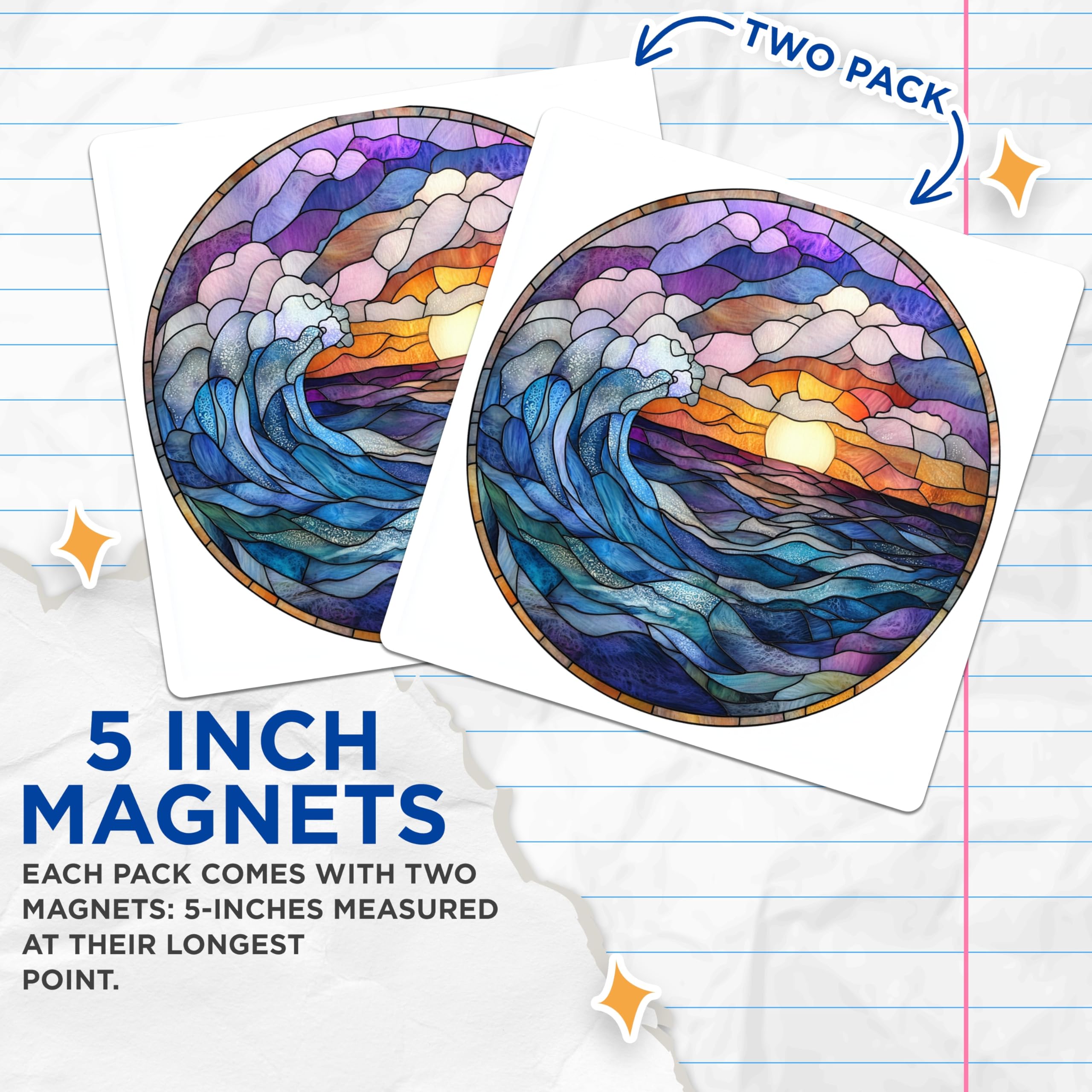 (2 Pack) Stained Glass Wave Magnets - Ocean Sunset Art - Coastal Home Decor - 5 Inches On Longest Side - Thick Durable Magnet - Made in USA - MAG30852