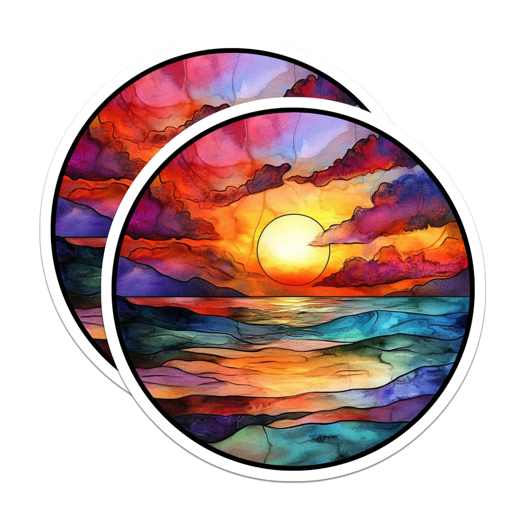 (2 Pack) Watercolor Ocean Sunset Magnets - Stained Glass Seascape Art - Vibrant Coastal Fridge Decor - 5 Inches On Longest Side - Thick Durable Magnet - Made in USA - MAG26821