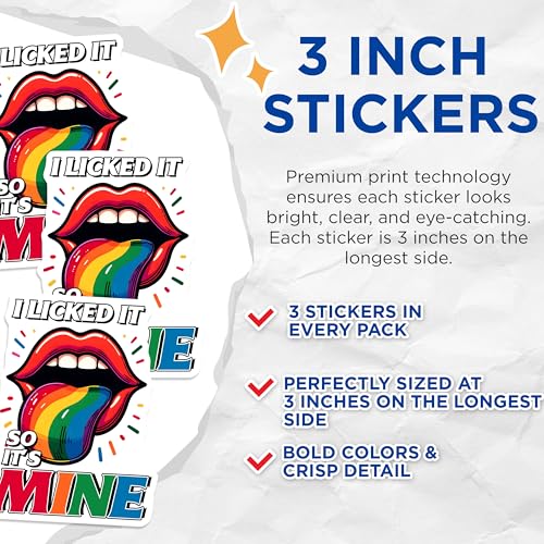 (3 Pack) I Licked It Decals - Funny Saying Stickers - Rainbow Tongue - 3 Inches On Longest Side - Easy Peel & Apply - Made in USA - 3MCS7038