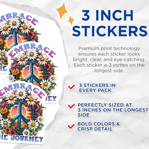(3 Pack) Peace Sign Decals - Floral Hippie Sticker - Embrace The Journey Decor - 3 Inches On Longest Side - Easy Peel & Apply - Made in USA - 3MCS7637