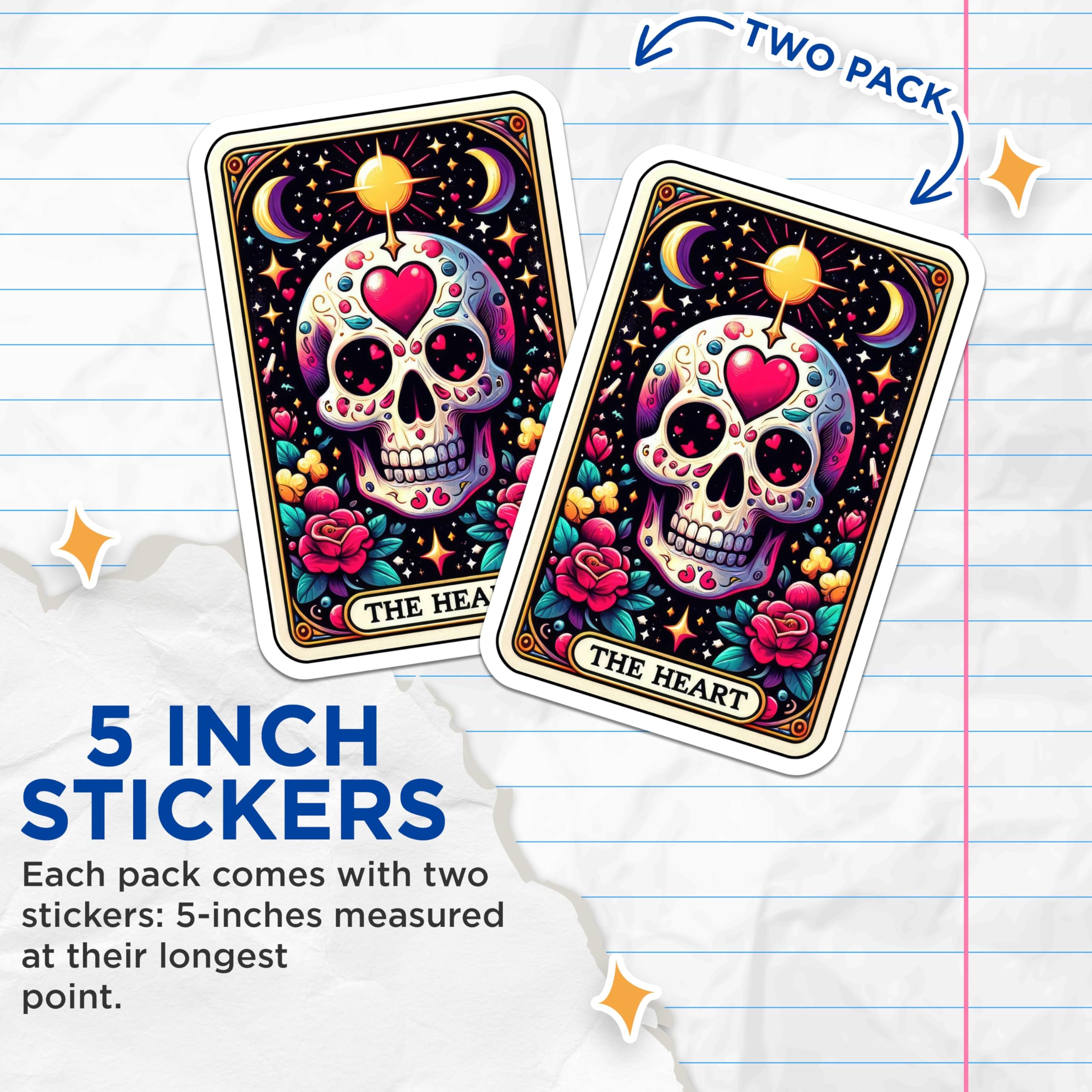 (2 Pack) Sugar Skull Art Stickers - Colorful Skull Art - Vibrant Skull Decorations - 5" On Longest Side - Sticks to Smooth Flat Surfaces - Made in USA - BMCS5427