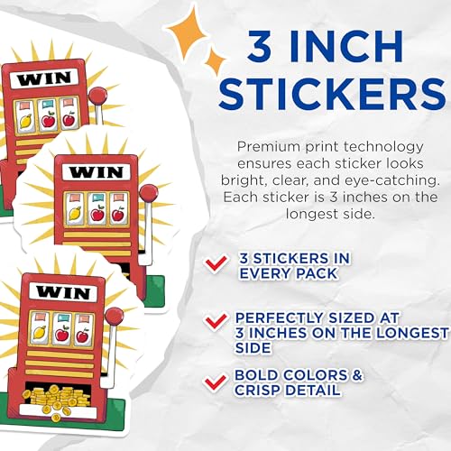 (3 Pack) Slot Machine Decals - Lucky Win Stickers - Casino Decor- 3 Inches On Longest Side - Easy Peel & Apply - Made in USA - 3MCS5489