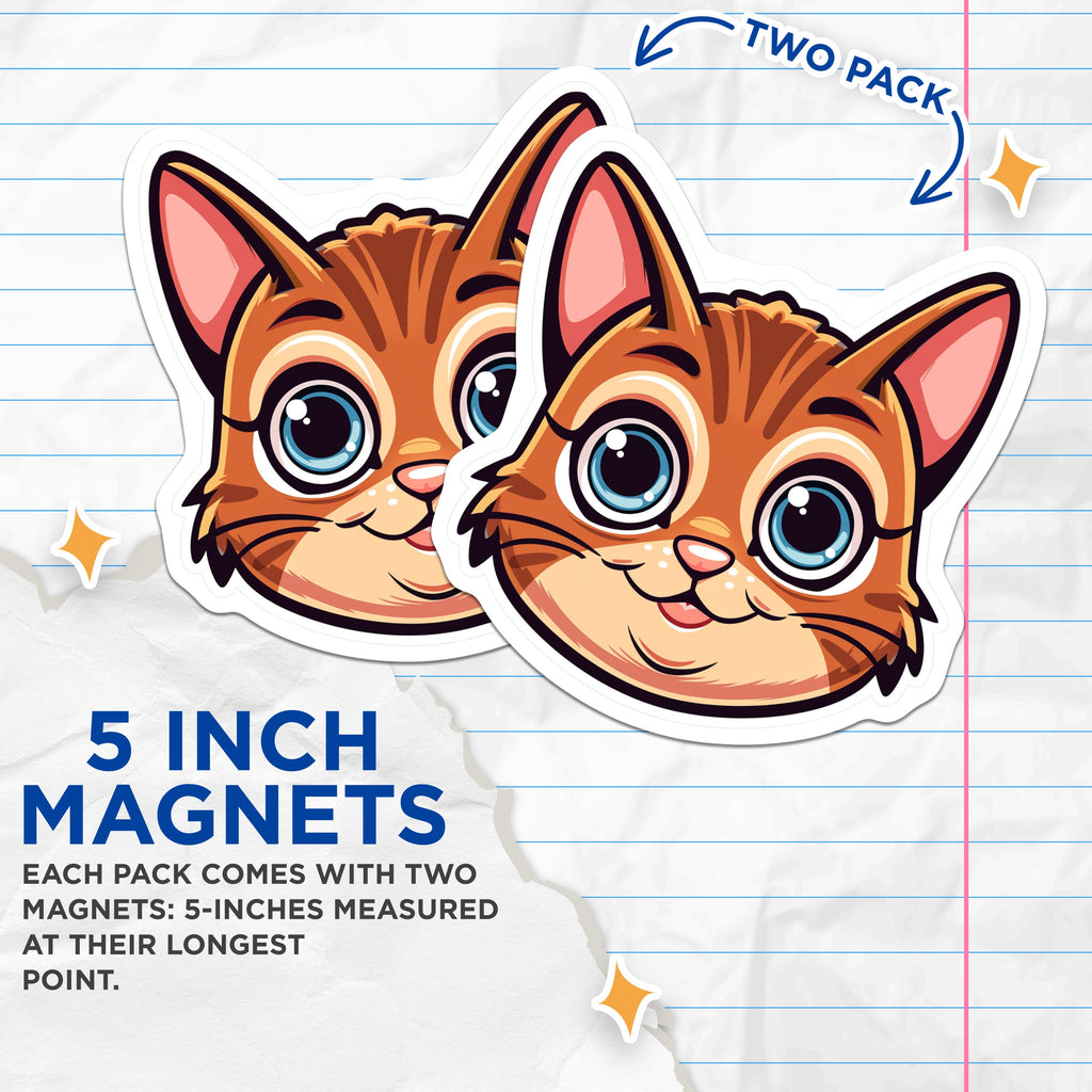 (2 Pack) Cute Cat Face Magnets - Kawaii Kitten Art - Pet Lover Refrigerator Decor - 5 Inches On Longest Side - Thick Durable Magnet - Made in USA - MAG37077