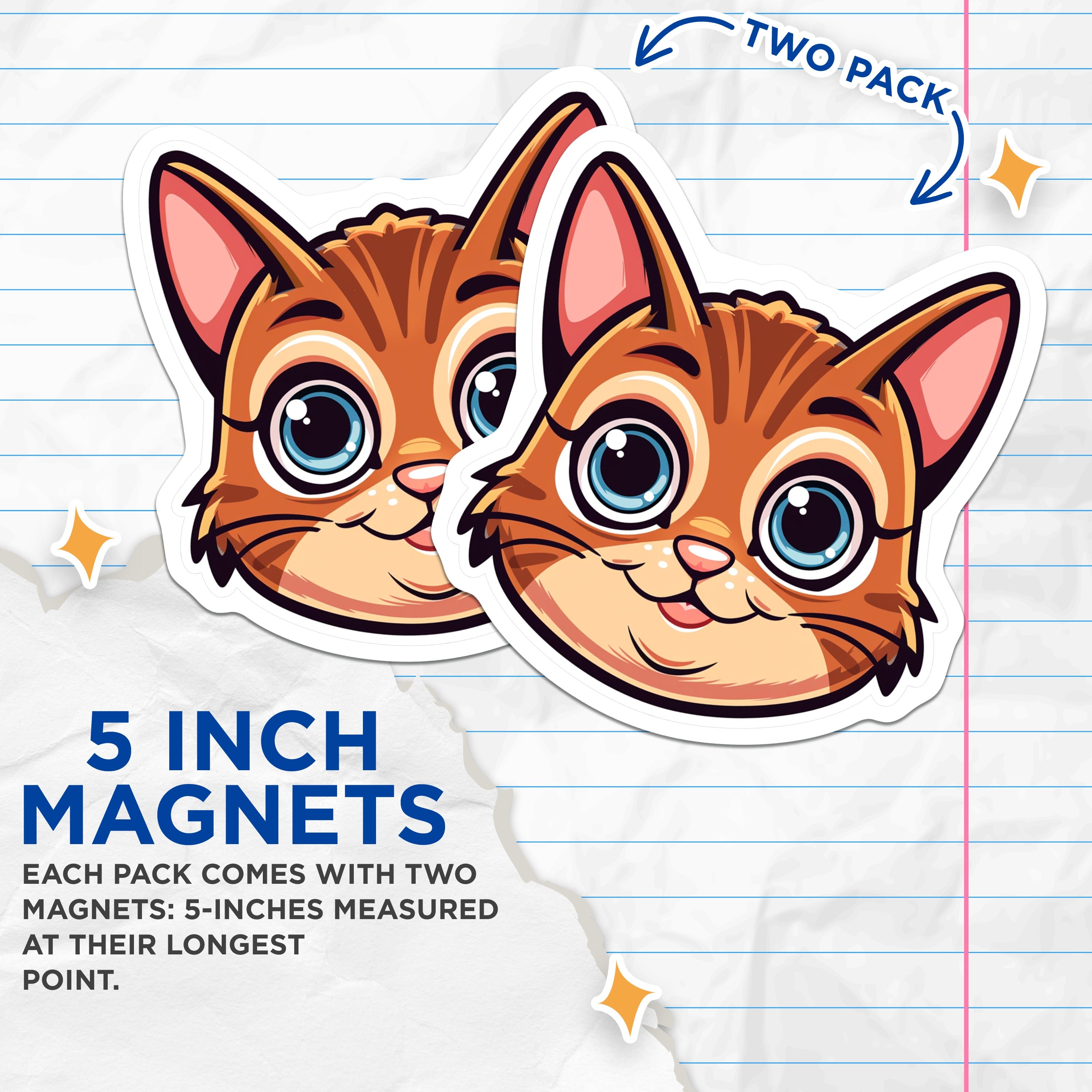 (2 Pack) Cute Cat Face Magnets - Kawaii Kitten Art - Pet Lover Refrigerator Decor - 5 Inches On Longest Side - Thick Durable Magnet - Made in USA - MAG37077