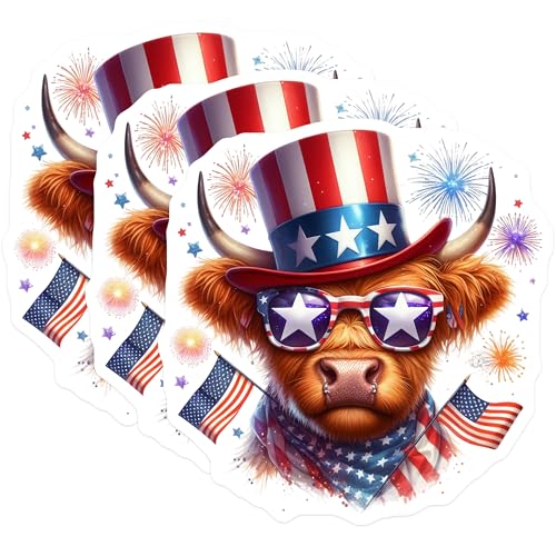 (3 Pack) Patriotic Highland Cow Decals - USA Flag Cow - 4th of July Decals- 3 Inches On Longest Side - Easy Peel & Apply - Made in USA - 3MCS5099