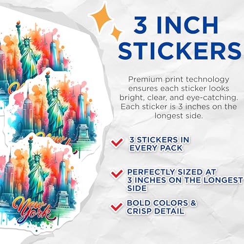 (3 Pack) New York City Decals - Statue of Liberty - Laptop Decal- 3 Inches On Longest Side - Easy Peel & Apply - Made in USA - 3MCS5850