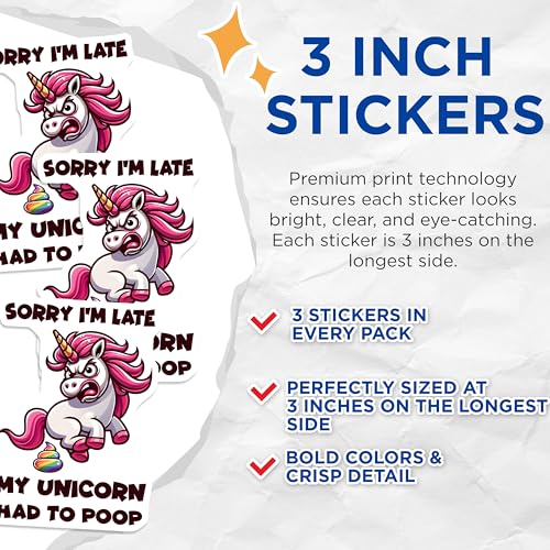(3 Pack) Funny Unicorn Decals - Poop Humor Stickers - Laptop Decal - 3 Inches On Longest Side - Easy Peel & Apply - Made in USA - 3MCS4421