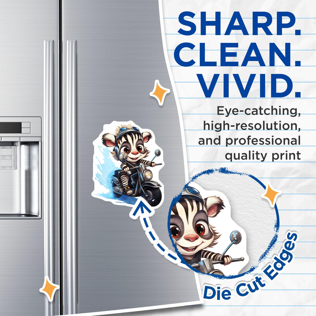(2 Pack) Zebra Motorcycle Magnets - Cartoon Animal Decor - Cute Fridge Magnets for Kids - 5" On Longest Side - Premium Magnet - for Cars, Refrigerators, Toolboxes, Lockers - Made in USA - MAG17006