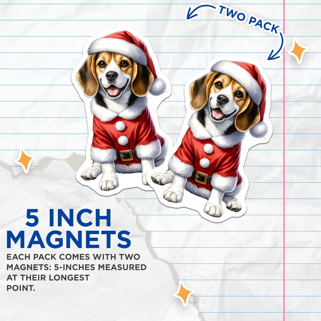 (2 Pack) Christmas Beagle Magnets - Santa Dog Refrigerator - Holiday Pet Locker Decor - 5 Inches On Longest Side - Thick Durable Magnet - Made in USA - MAG28985