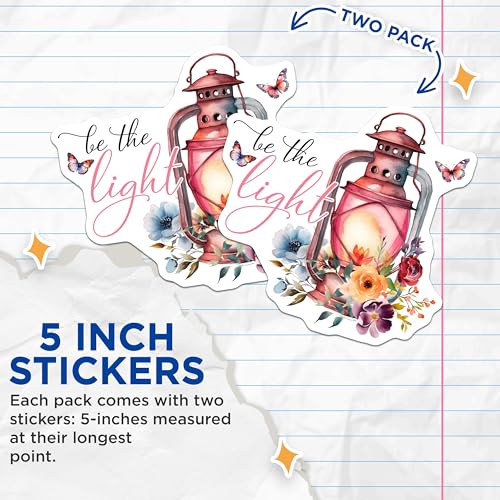 (2 Pack) Be The Light Stickers - Inspirational Quote - Lantern Design - 5" On Longest Side - Sticks to Smooth Flat Surfaces - Made in USA - BMCS8579 - Floral Art